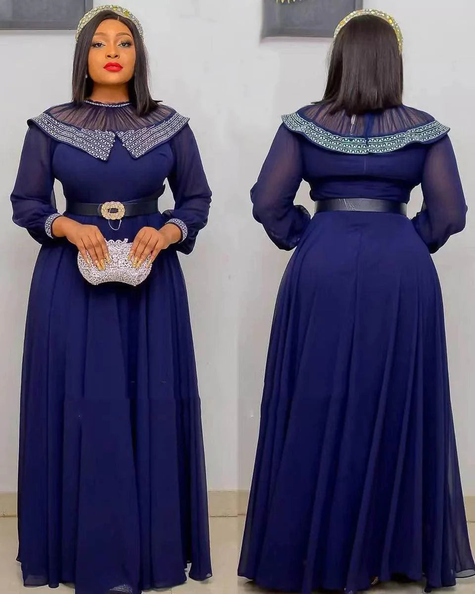 Chiffon Mesh Panel African Dress Long Sleeve Belt - melvincucci