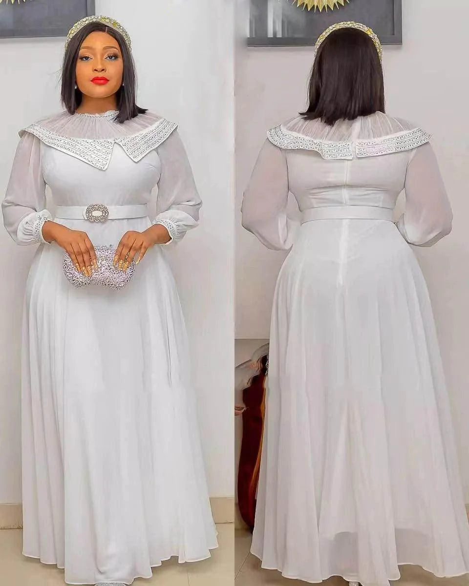 Chiffon Mesh Panel African Dress Long Sleeve Belt - melvincucci