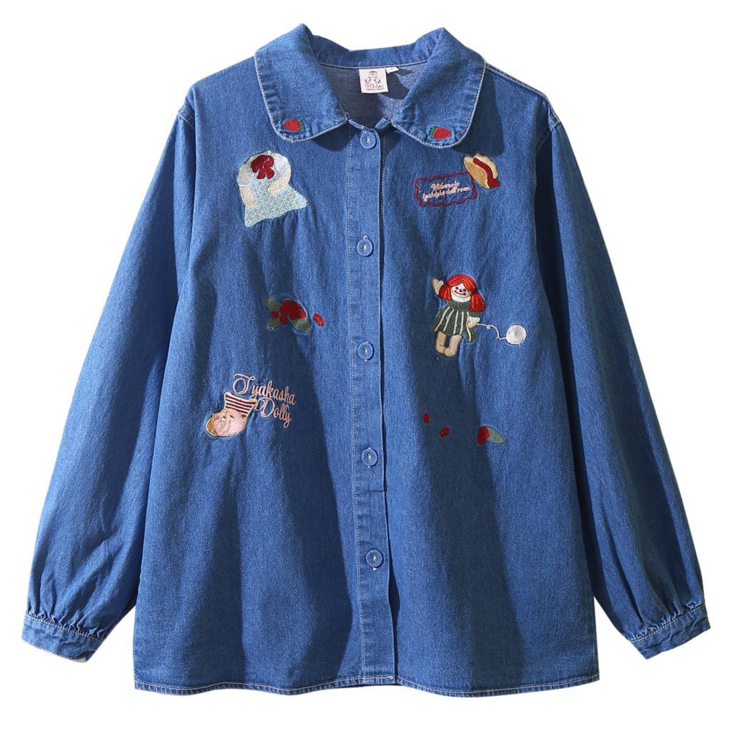 Childlike cute blue denim long sleeve shirt shirt women - melvincucci