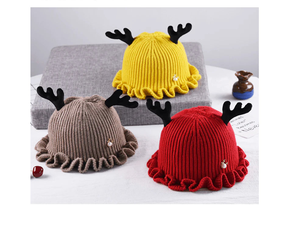 Children's wool hat men and women baby cartoon antler knit hat Korean version of baby warm lace hat - melvincucci