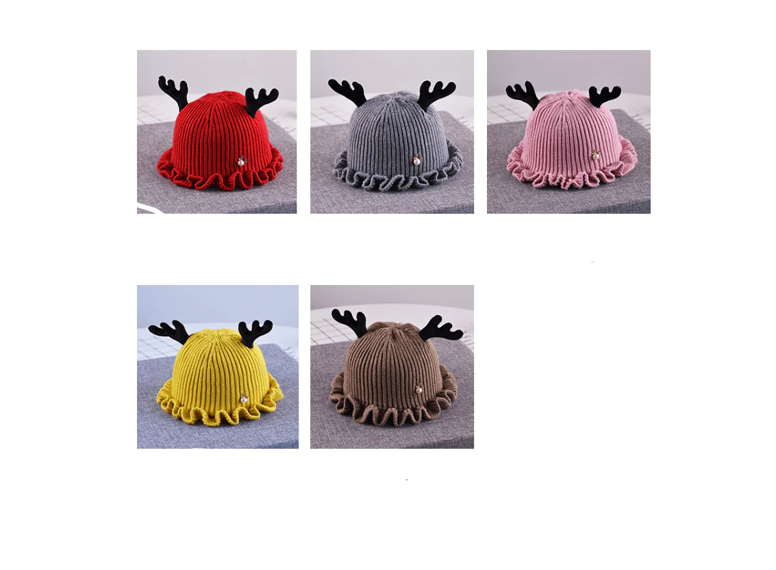 Children's wool hat men and women baby cartoon antler knit hat Korean version of baby warm lace hat - melvincucci