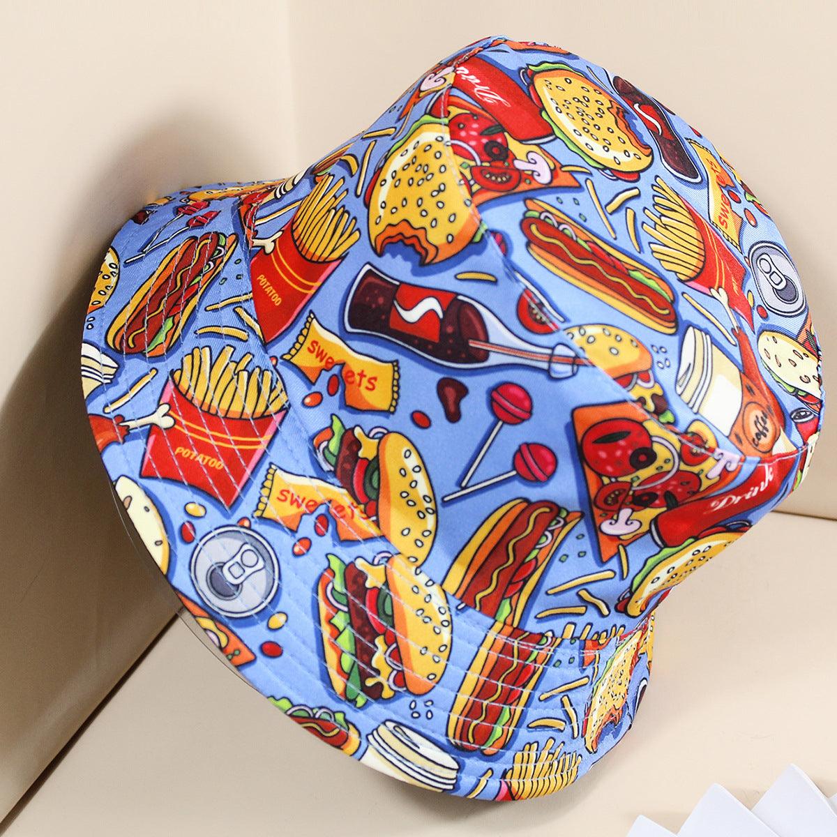 Coke Burger Fries Printing Double-sided Fisherman Hat Female Tide Brand Sun Hat Sunscreen Basin Hat Men And Women Hat - melvincucci