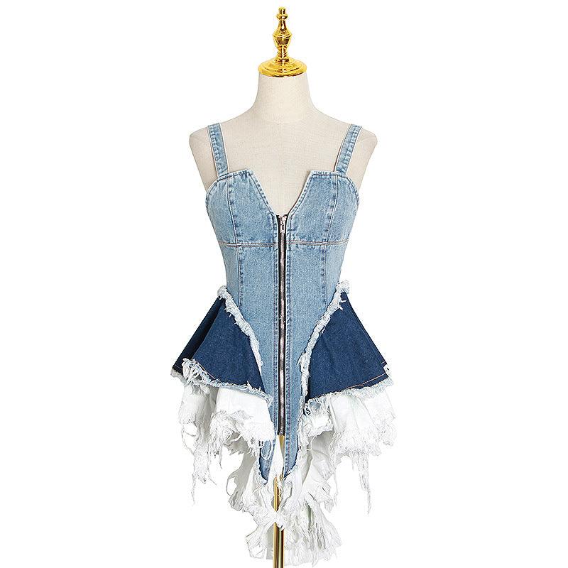 Color-blocking Denim Sling Waist Slimming Vest Top Women Trendy - melvincucci