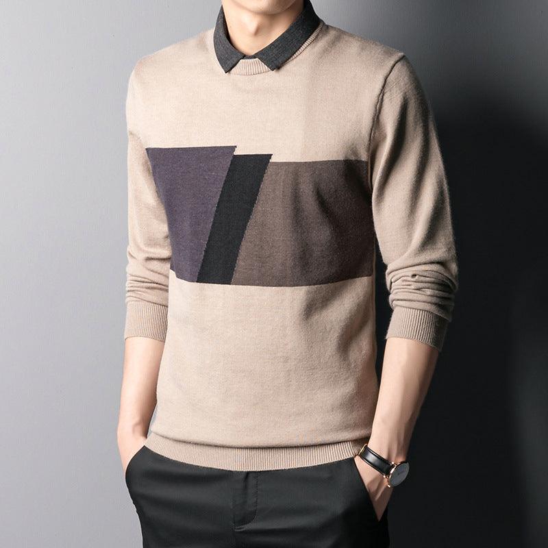 Colorblock Slim Top Fall Winter Men's Shirt Collar Knitwear - melvincucci