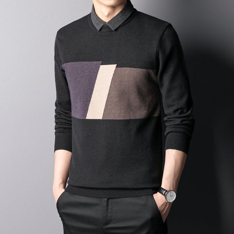Colorblock Slim Top Fall Winter Men's Shirt Collar Knitwear - melvincucci