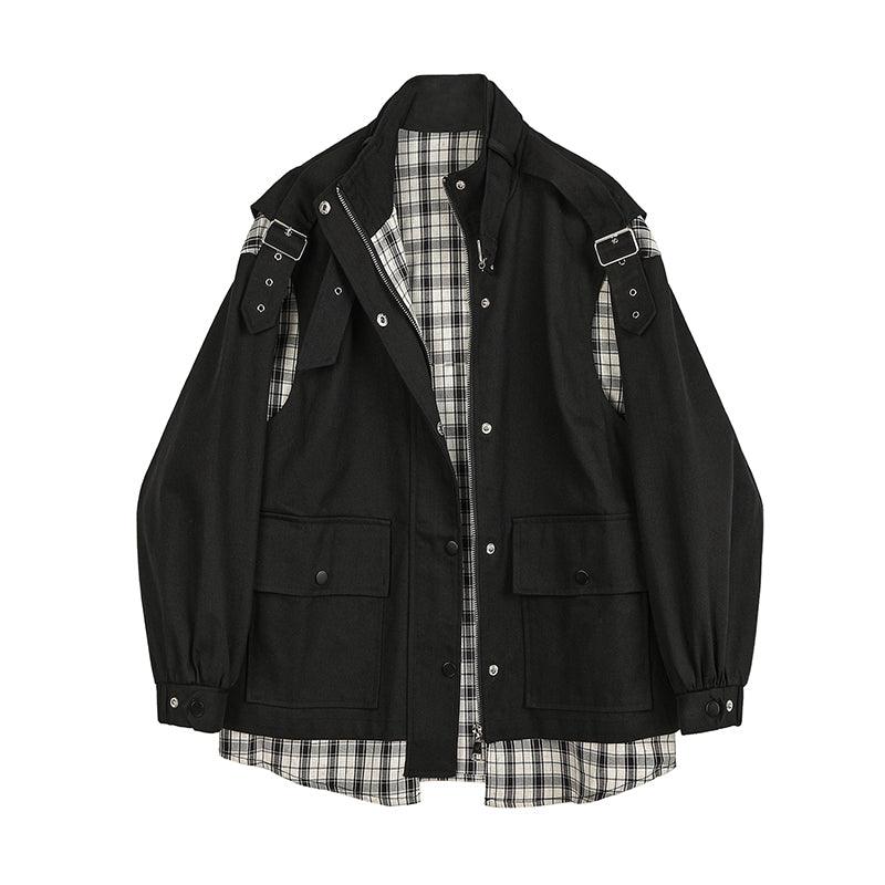 Contrasting Color Stitching Plaid Fake Two-piece Denim Jacket Women - melvincucci