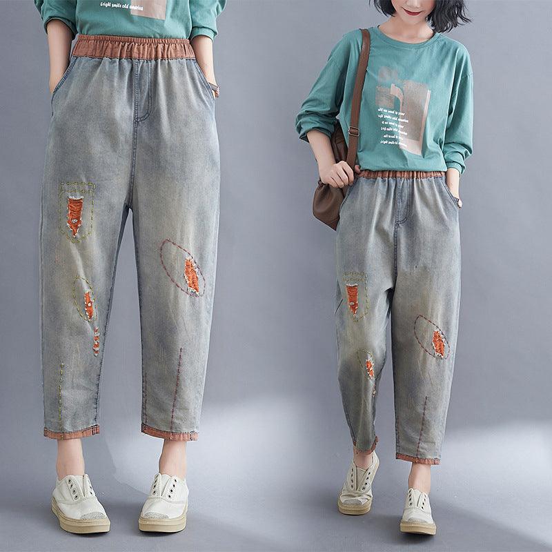 Contrasting Hole Denim Harem Pants Women - melvincucci