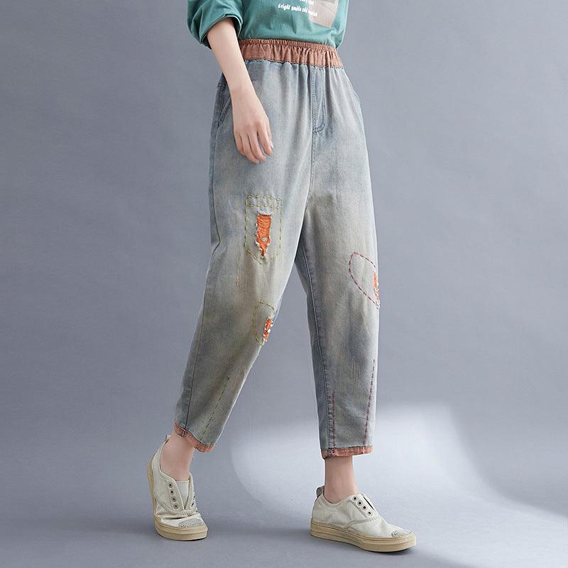 Contrasting Hole Denim Harem Pants Women - melvincucci