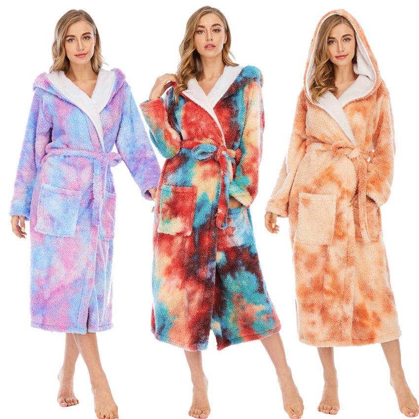 Coral Fleece Nightgown Thick Long Hooded Bathrobe - melvincucci