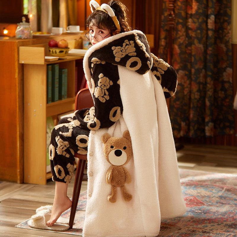 Coral Fleece Nightgown Women Plus Velvet Thickened Flannel Pajamas Can Be Worn Outside Bathrobe Set - melvincucci