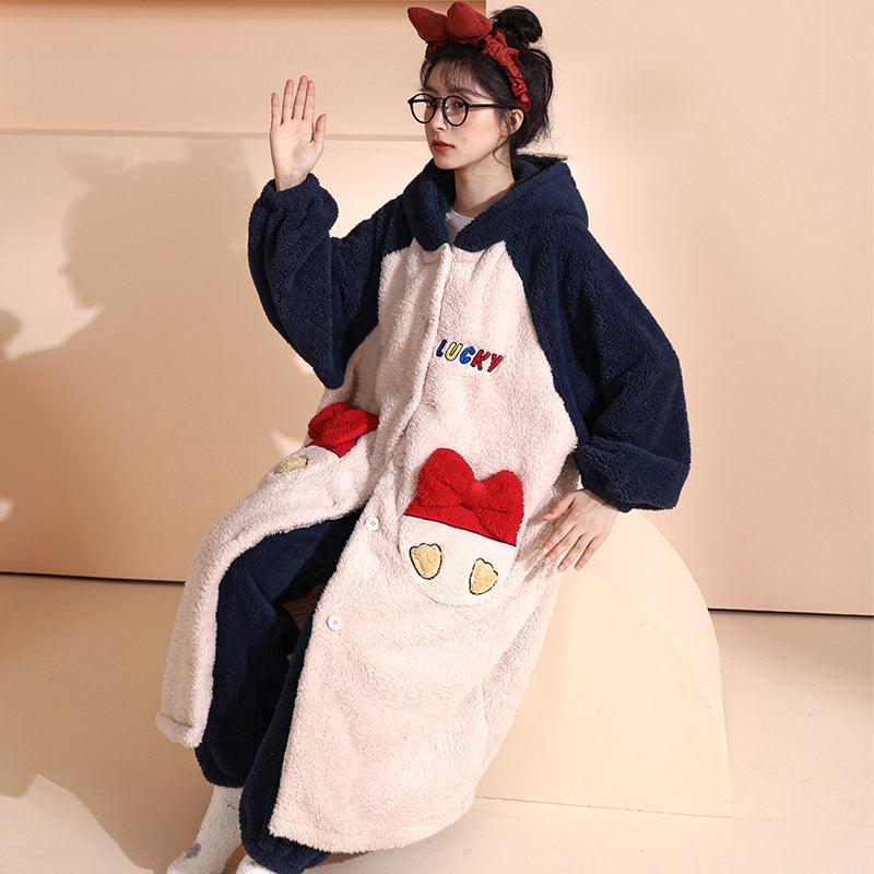 Coral Fleece Nightgown Women Plus Velvet Thickened Flannel Pajamas Can Be Worn Outside Bathrobe Set - melvincucci