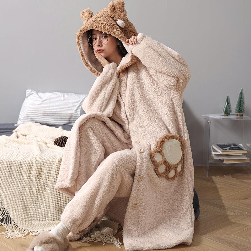 Coral Fleece Nightgown Women Plus Velvet Thickened Flannel Pajamas Can Be Worn Outside Bathrobe Set - melvincucci