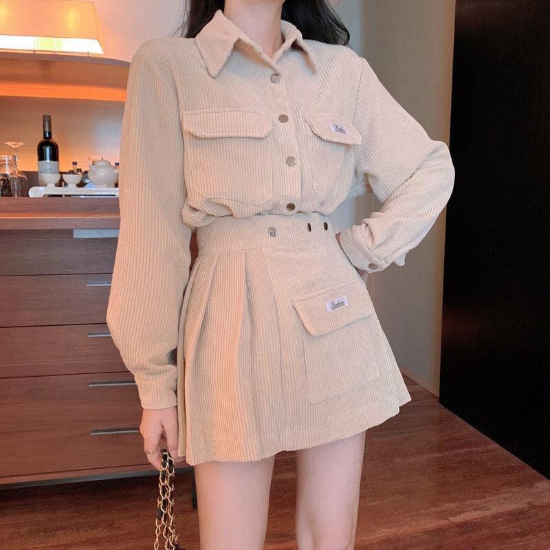 Corduroy Western Style Lapel Long Sleeve Pleated Skirt Suit - melvincucci