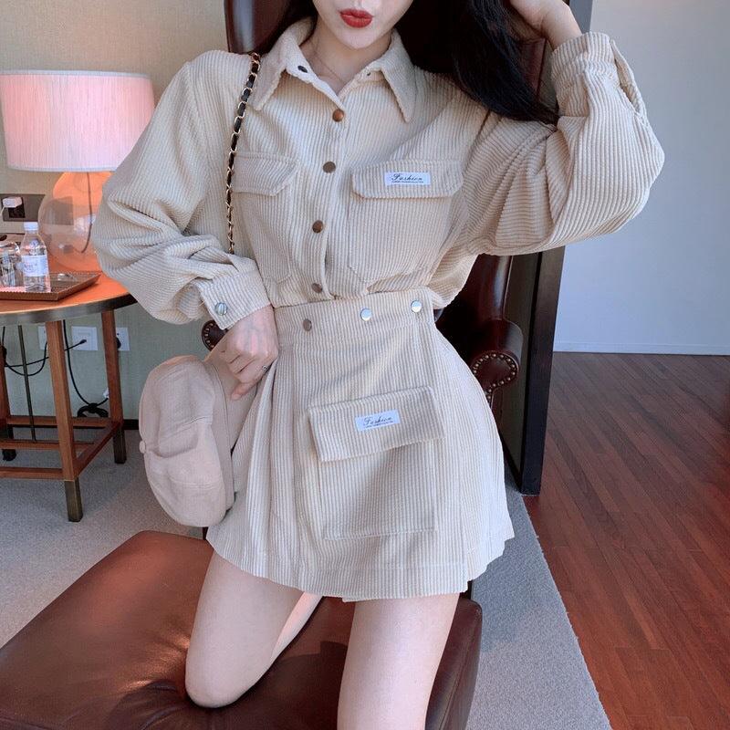 Corduroy Western Style Lapel Long Sleeve Pleated Skirt Suit - melvincucci