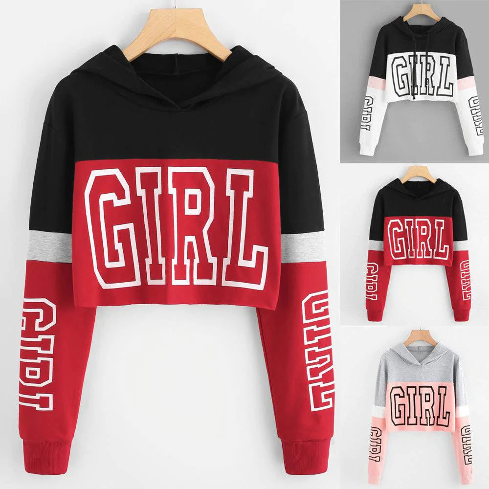 Crop Top Hoodie  Sweatshirt Hoodies Women Patchwork Lett - melvincucci
