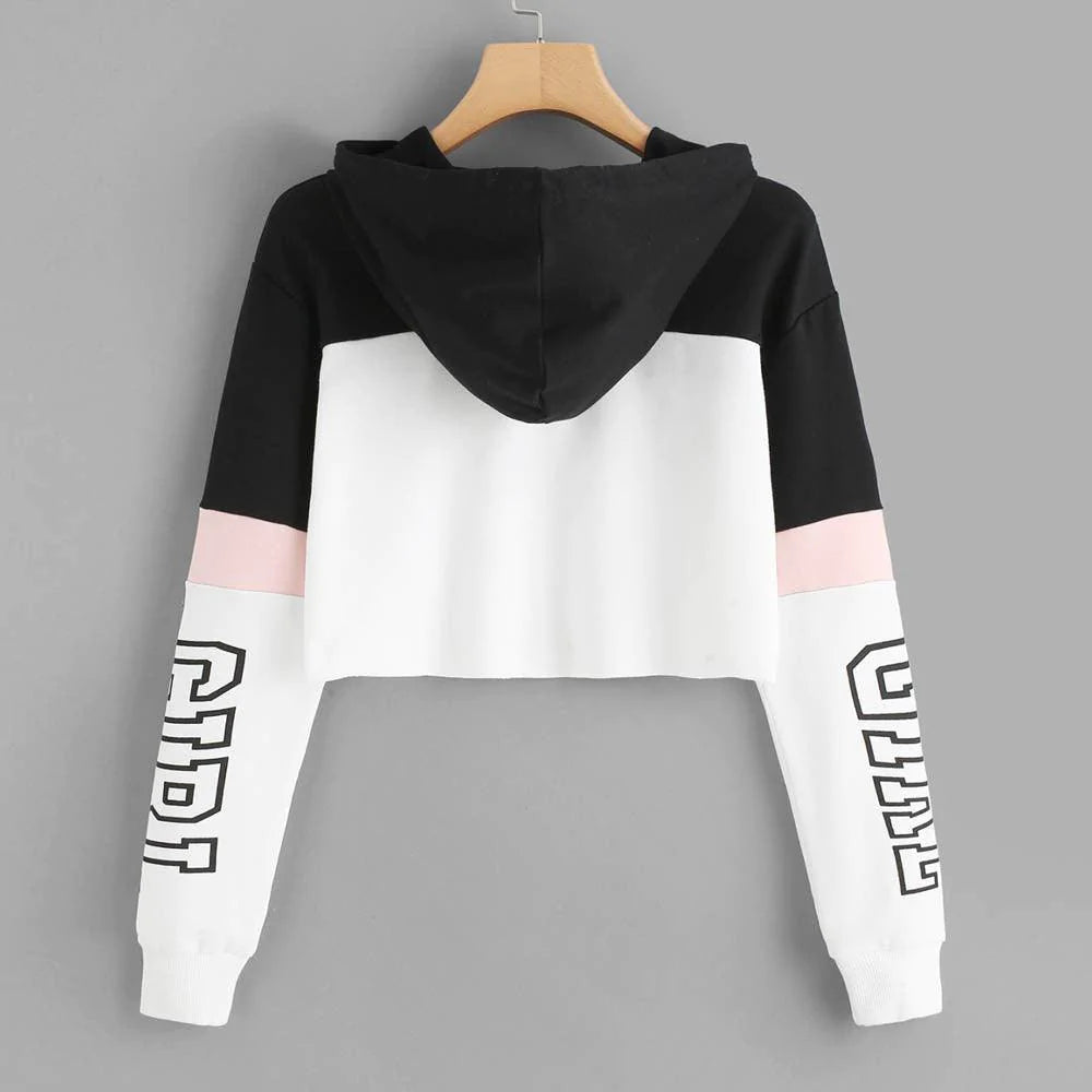 Crop Top Hoodie  Sweatshirt Hoodies Women Patchwork Lett - melvincucci