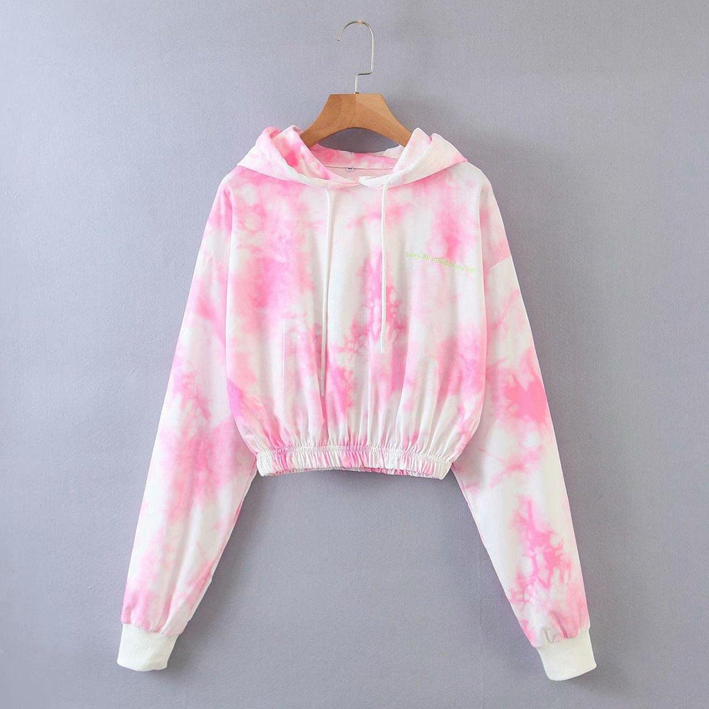 Cropped Hoodies Sweatshirts Vintage TRAF Pullovers Tie-Dye-Print Long-Sleeve Female Women Fashion - melvincucci