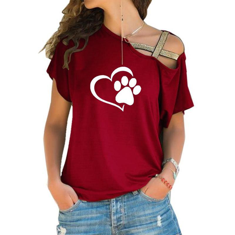 Cross-shoulder cross short-sleeved T-shirt footprints - melvincucci