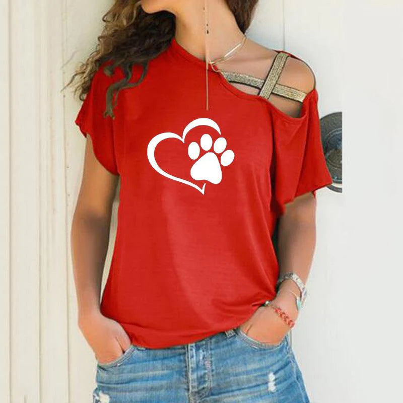 Cross-shoulder cross short-sleeved T-shirt footprints - melvincucci