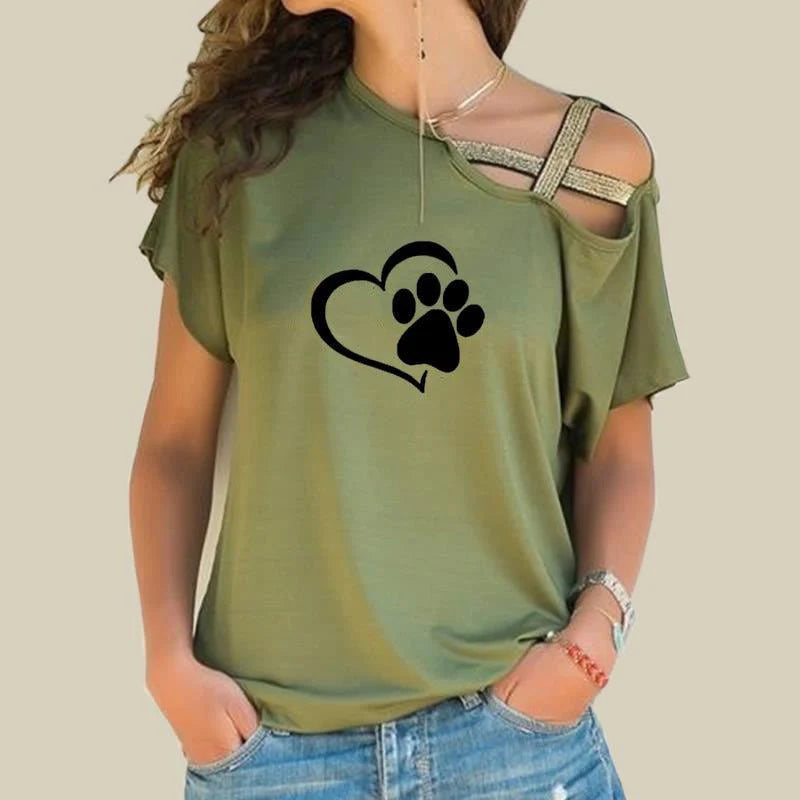 Cross-shoulder cross short-sleeved T-shirt footprints - melvincucci