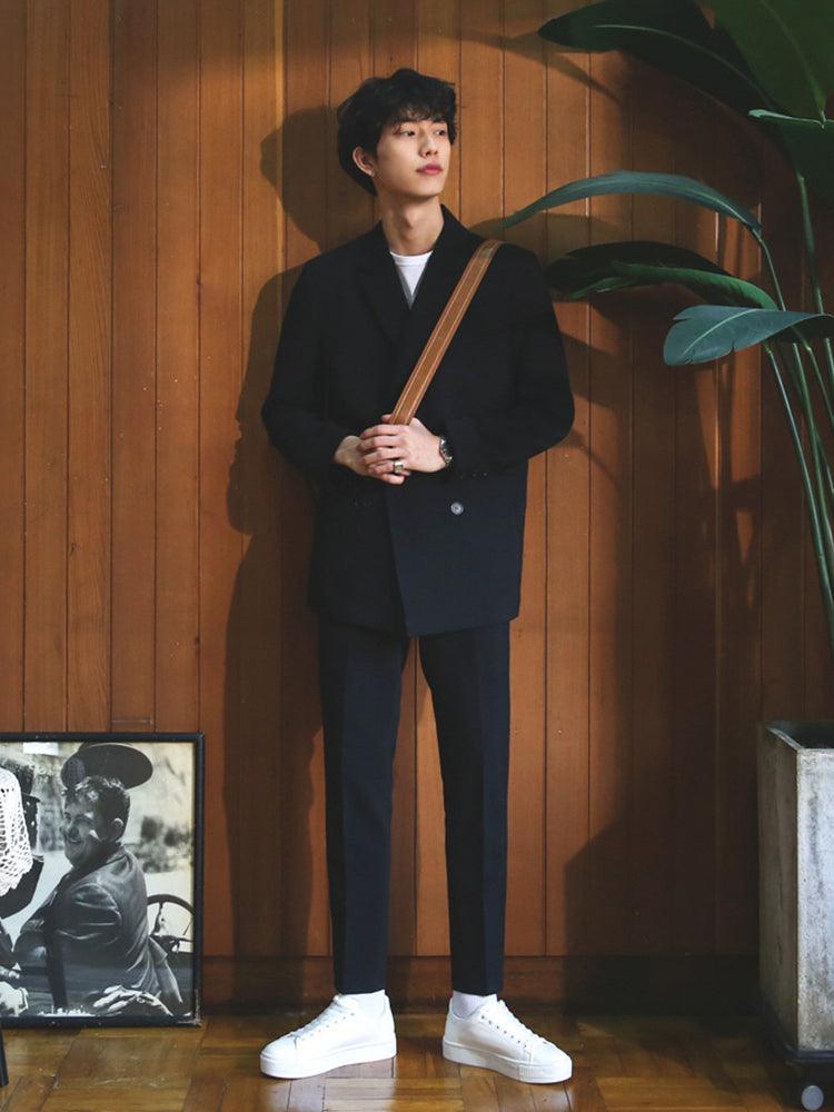 The handsome Korean style suit men's self-cultivation fashion retro casual British style handsome suit double-breasted two-piece suit - melvincucci
