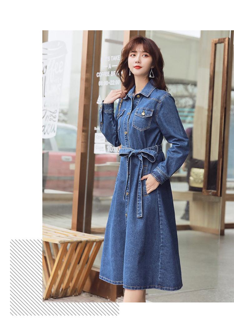 Denim Dress Women Korean Style Loose Waist Bow Tie Denim Trench Coat - melvincucci