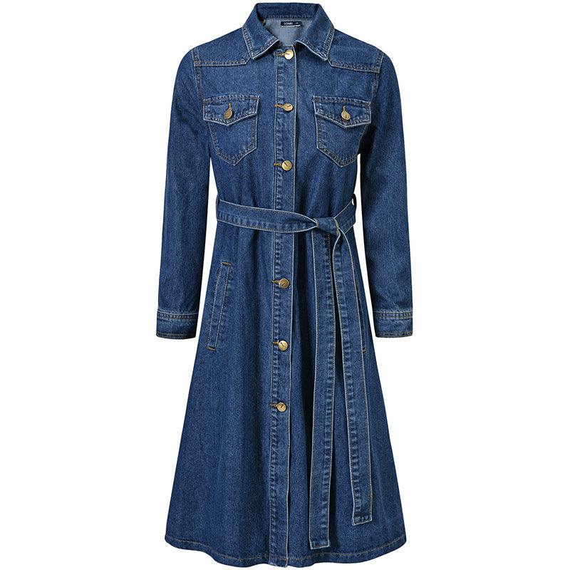 Denim Dress Women Korean Style Loose Waist Bow Tie Denim Trench Coat - melvincucci