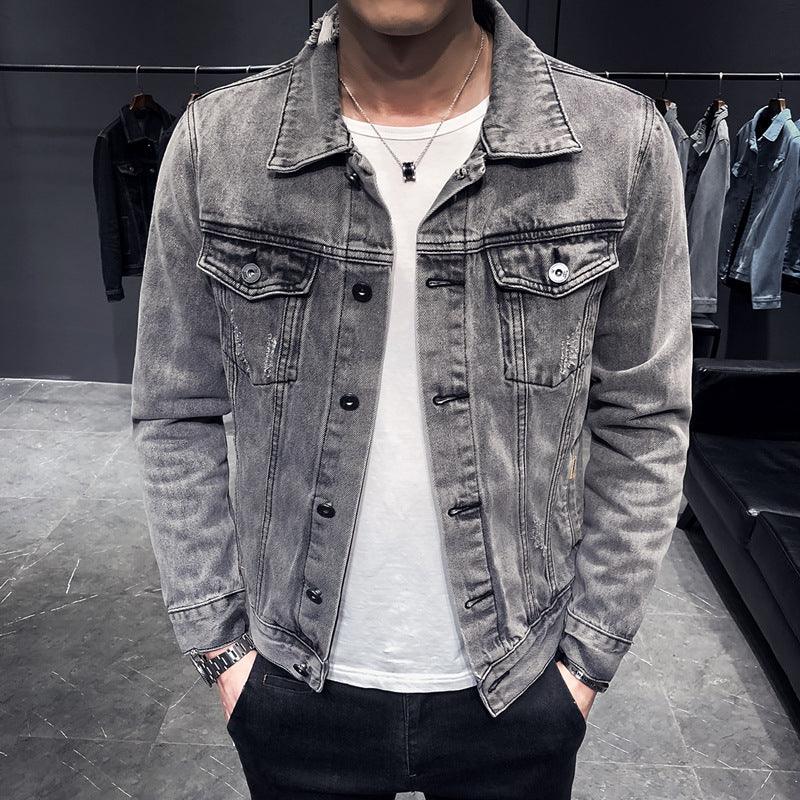 Denim Jacket Men Hole Retro Motorcyle Basic Coat - melvincucci
