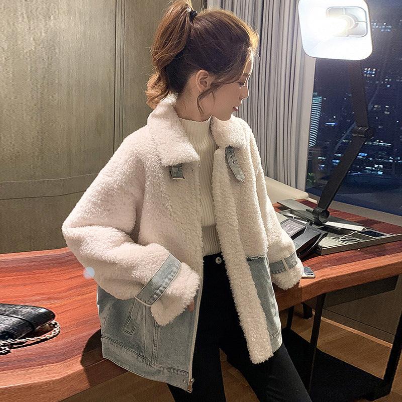 Denim Lapel Lamb Wool Splicing Coat For Women - melvincucci