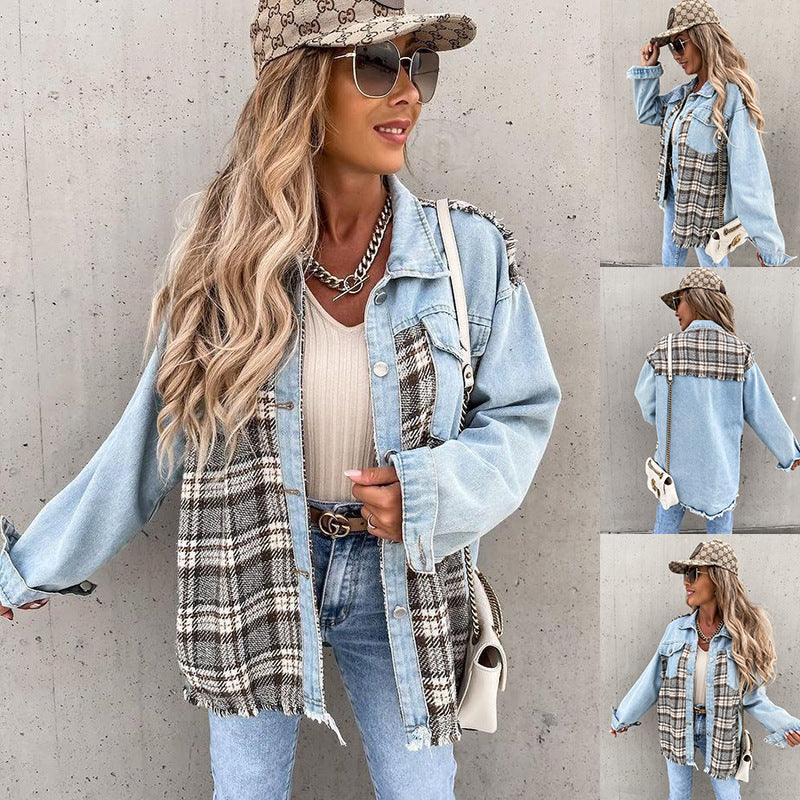Denim Stitching Plaid Coat Loose Top Women - melvincucci