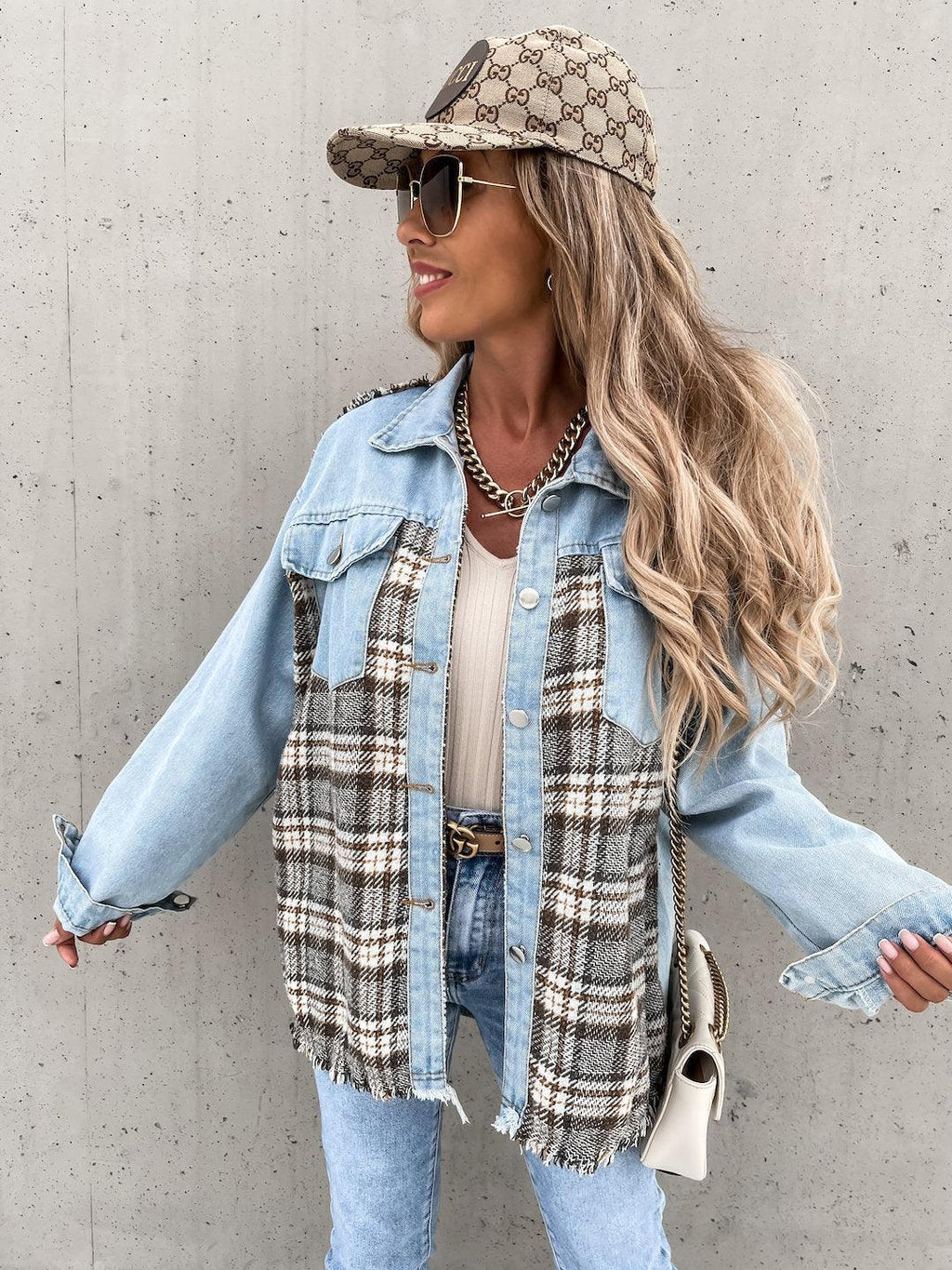 Denim Stitching Plaid Coat Loose Top Women - melvincucci