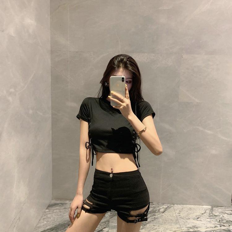 Double Buckle Design High Waist Stretch Tight Shorts For Women - melvincucci