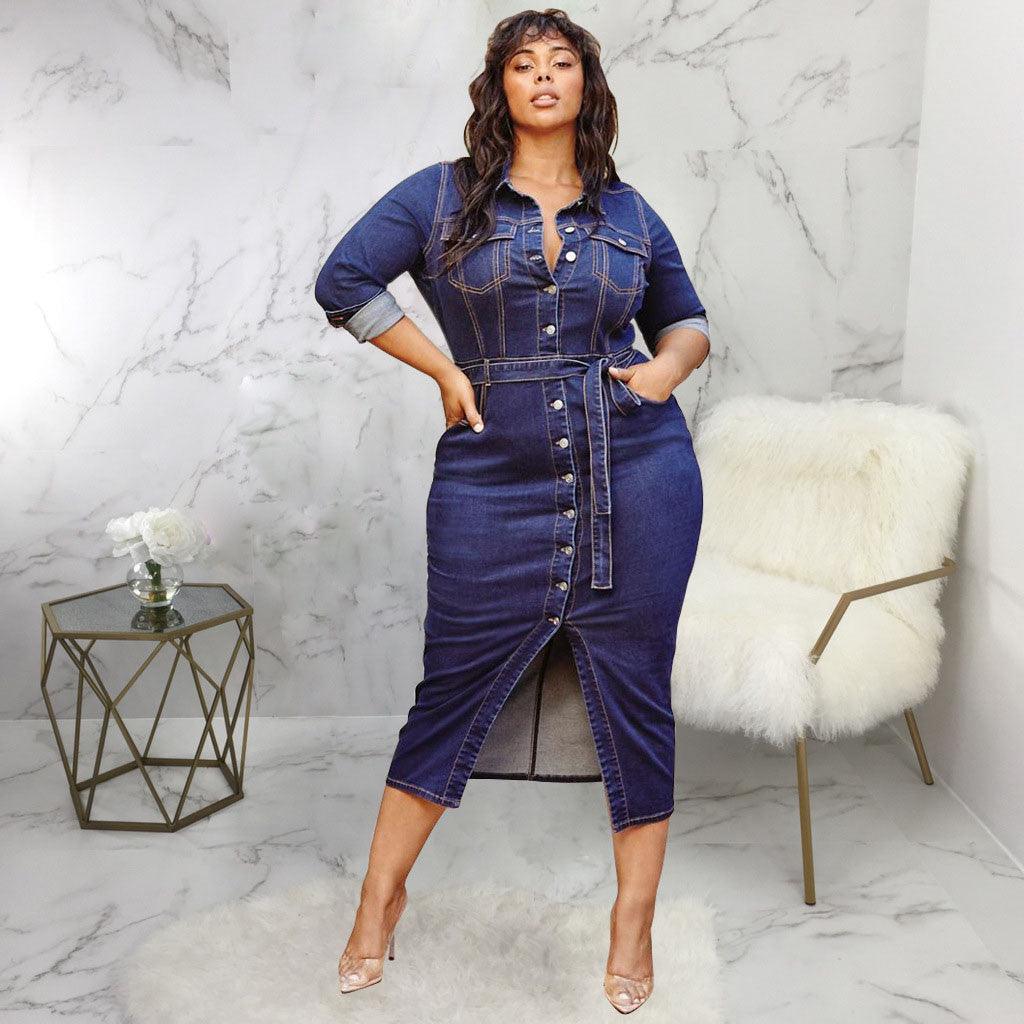 Dress Fashion Plus Size Denim Dress Women Casual, Long Sleeves - melvincucci