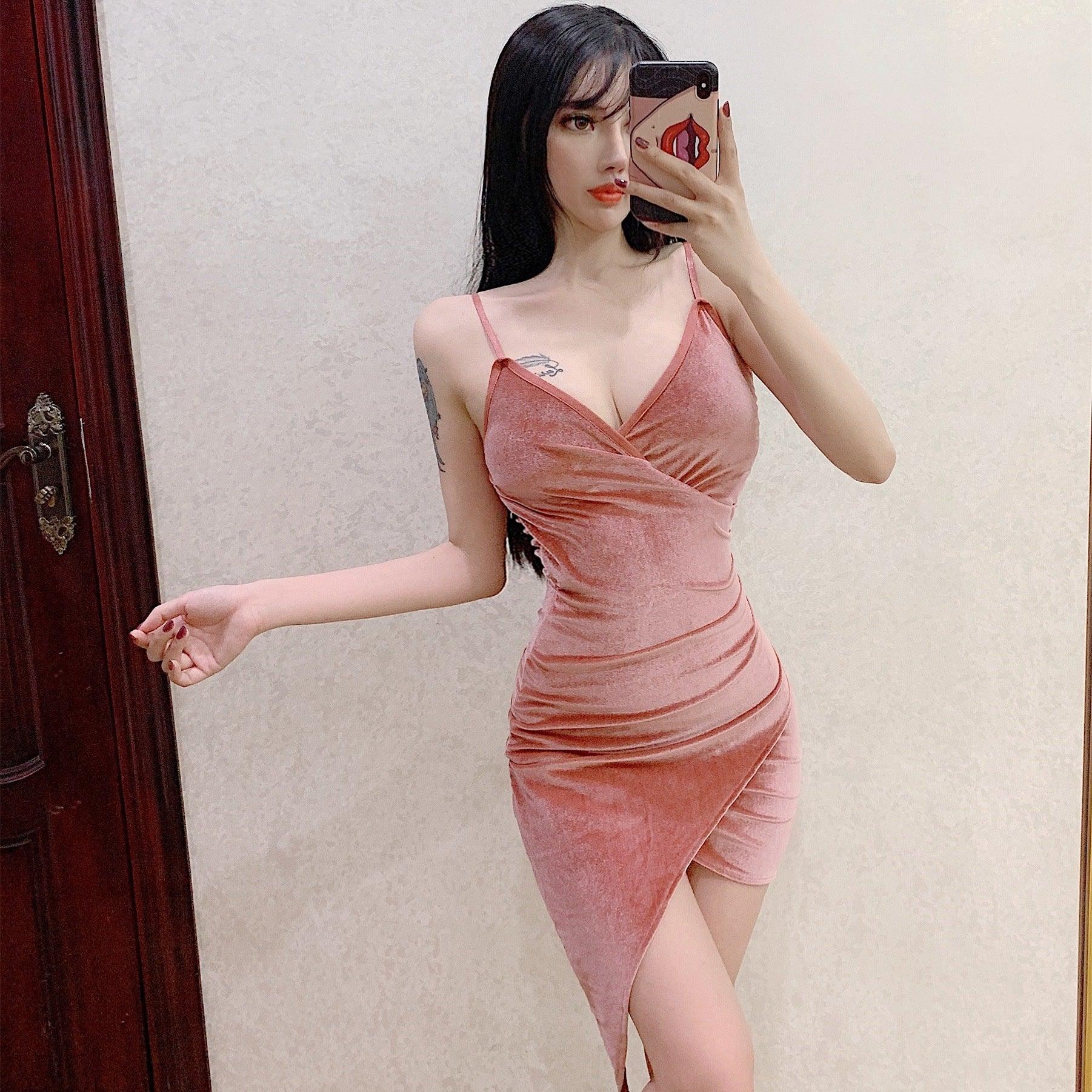 Dress V-neck irregular hem fun strap - melvincucci