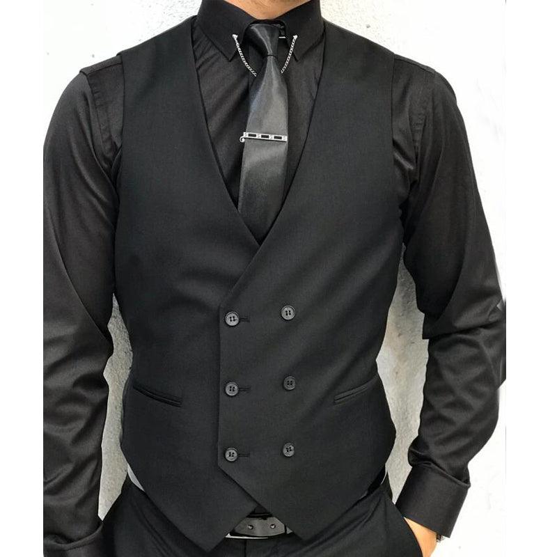 Black Formal Men Vest With Double Breasted V Neck One Piece - melvincucci