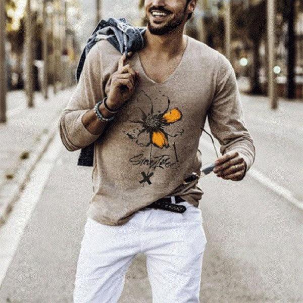 Elastic Mens T-Shirt V-Neck Long Sleeve Men T Shirt - melvincucci
