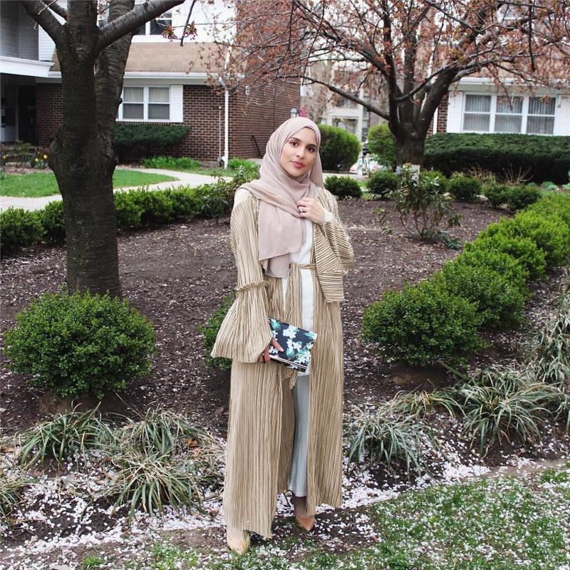 Elegant Muslim Pleated Abaya Tunic Dress Flare Sleeve Cardigan Long Robe Gowns Ramadan Arab Islamic Clothing Worship Service - melvincucci