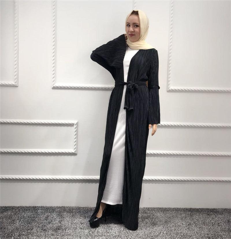 Elegant Muslim Pleated Abaya Tunic Dress Flare Sleeve Cardigan Long Robe Gowns Ramadan Arab Islamic Clothing Worship Service - melvincucci