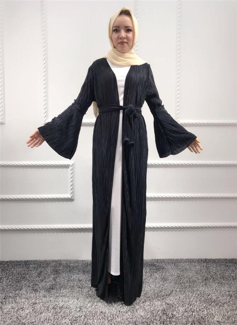 Elegant Muslim Pleated Abaya Tunic Dress Flare Sleeve Cardigan Long Robe Gowns Ramadan Arab Islamic Clothing Worship Service - melvincucci