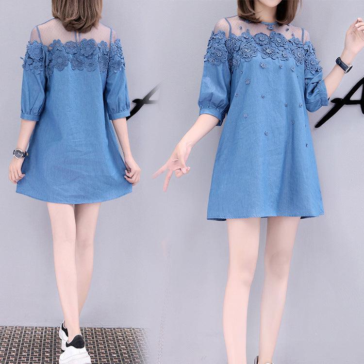 Embroidered Beaded A-line Denim Dress Women - melvincucci