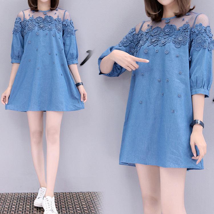 Embroidered Beaded A-line Denim Dress Women - melvincucci