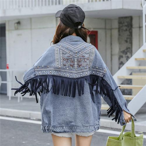 Embroidered denim jacket women loose net red tassel jacket - melvincucci