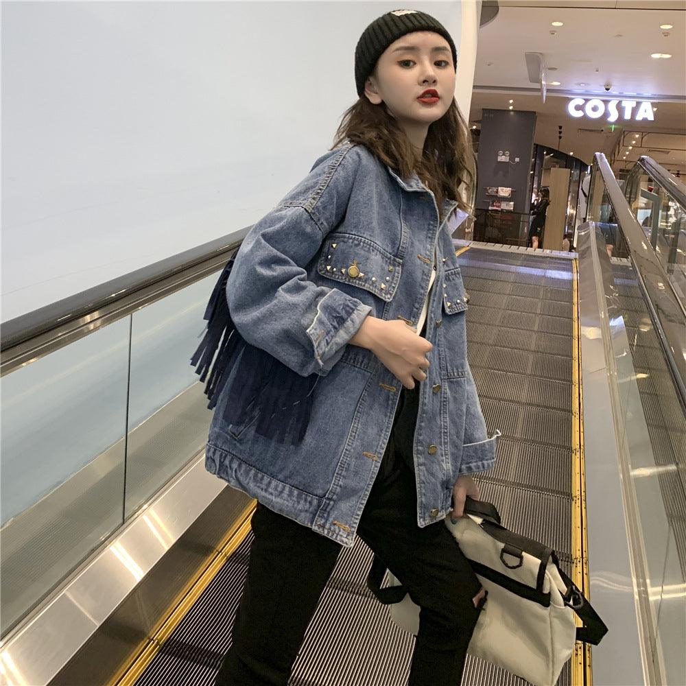 Embroidered denim jacket women loose net red tassel jacket - melvincucci