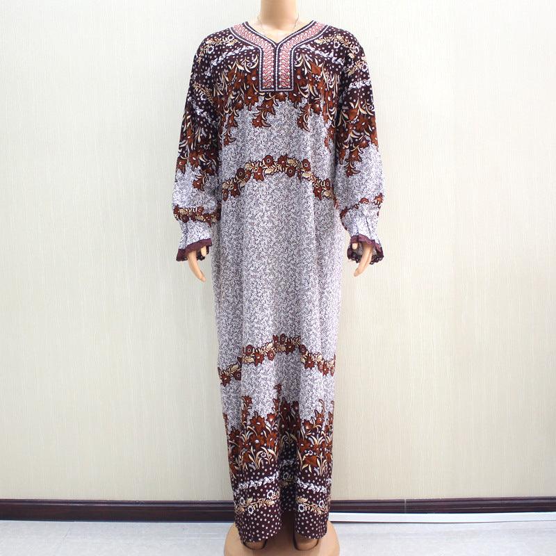 Embroidered Neckline Long Sleeve Lace Printed African Elegant Noble Lady Long Dress - melvincucci
