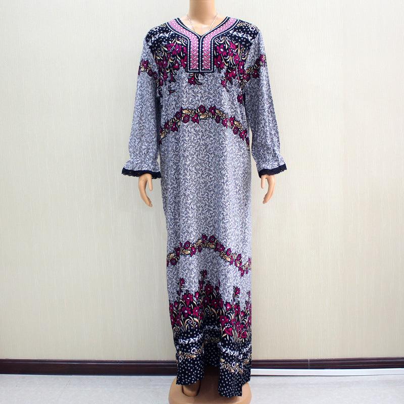 Embroidered Neckline Long Sleeve Lace Printed African Elegant Noble Lady Long Dress - melvincucci