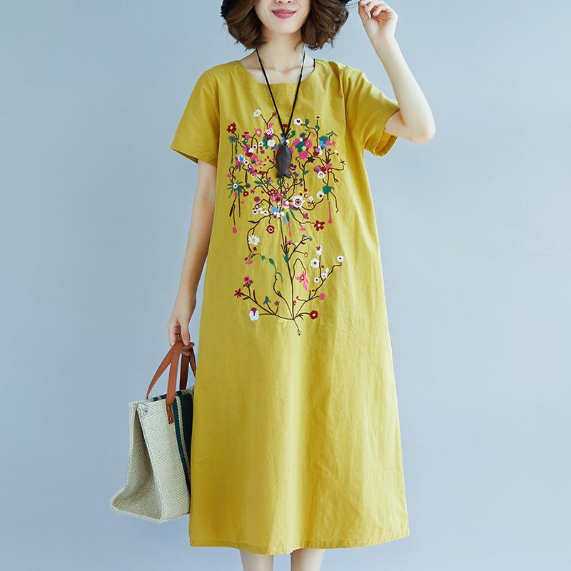 Ethnic Style Embroidered Cotton Linen Medium Length Dress - melvincucci