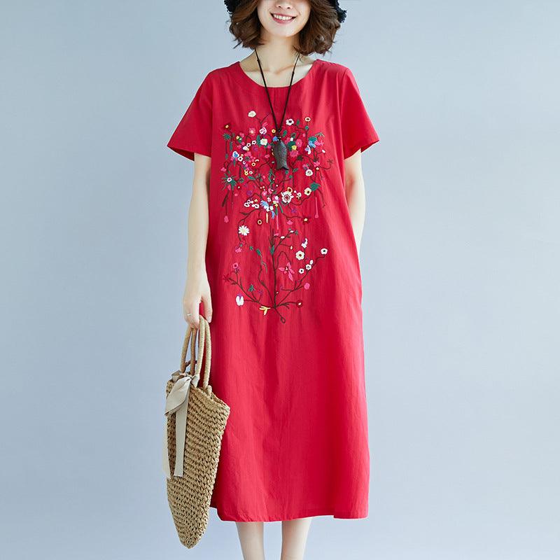 Ethnic Style Embroidered Cotton Linen Medium Length Dress - melvincucci