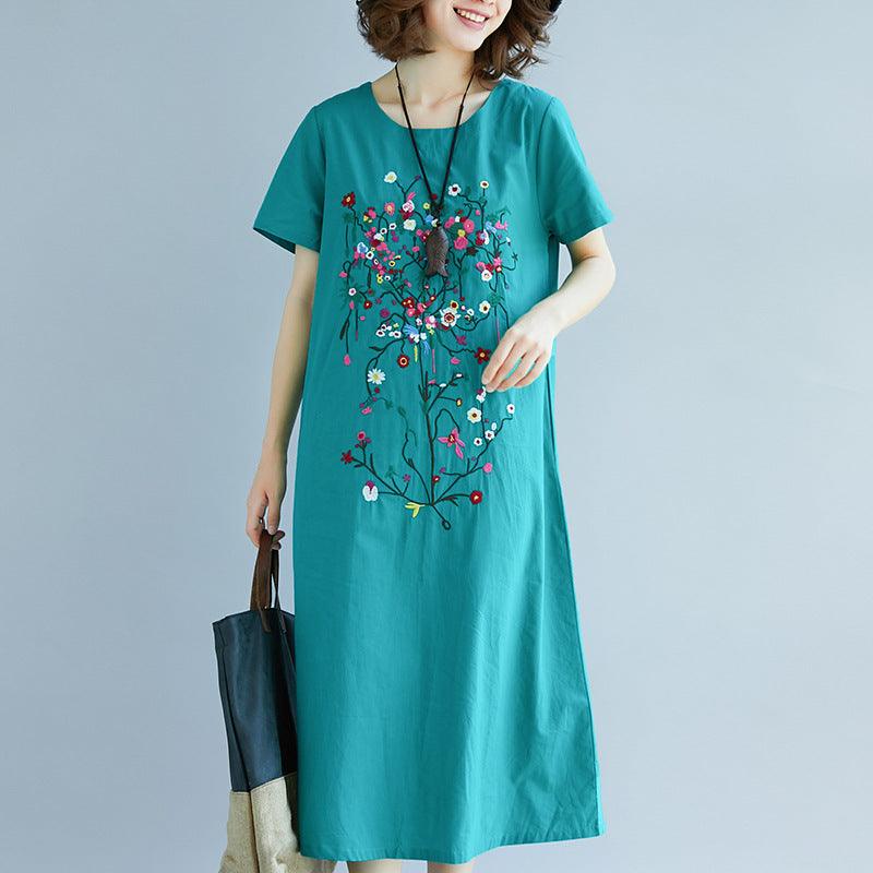 Ethnic Style Embroidered Cotton Linen Medium Length Dress - melvincucci