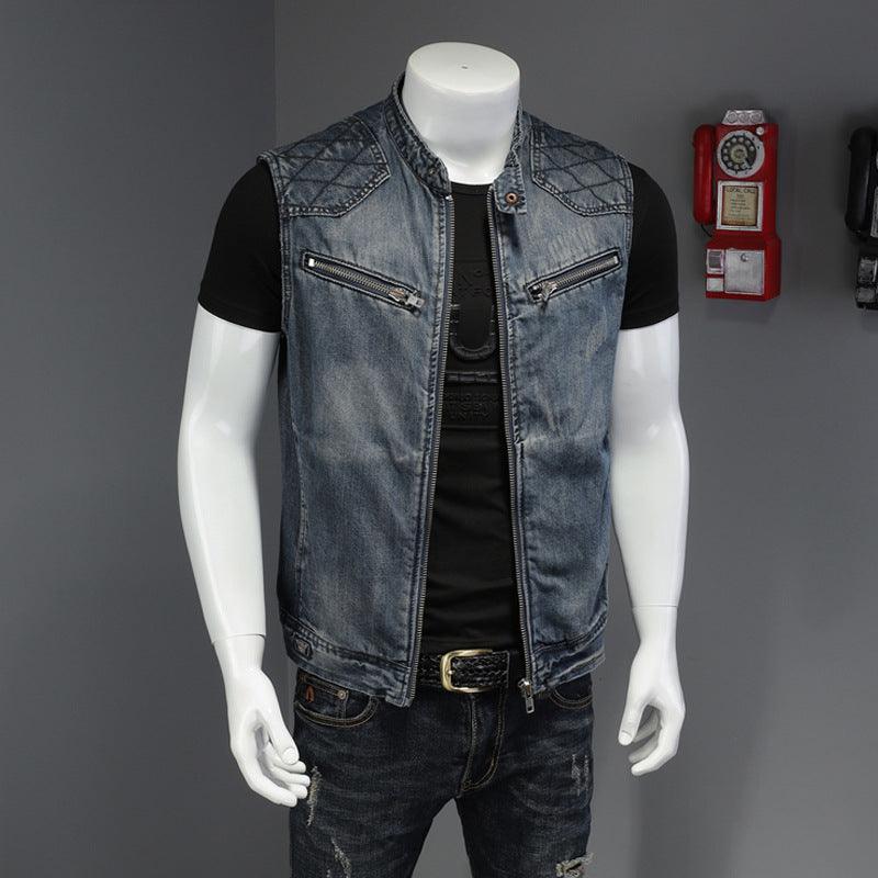 European and American men waistcoat denim vest youth casual stand-up collar vest - melvincucci