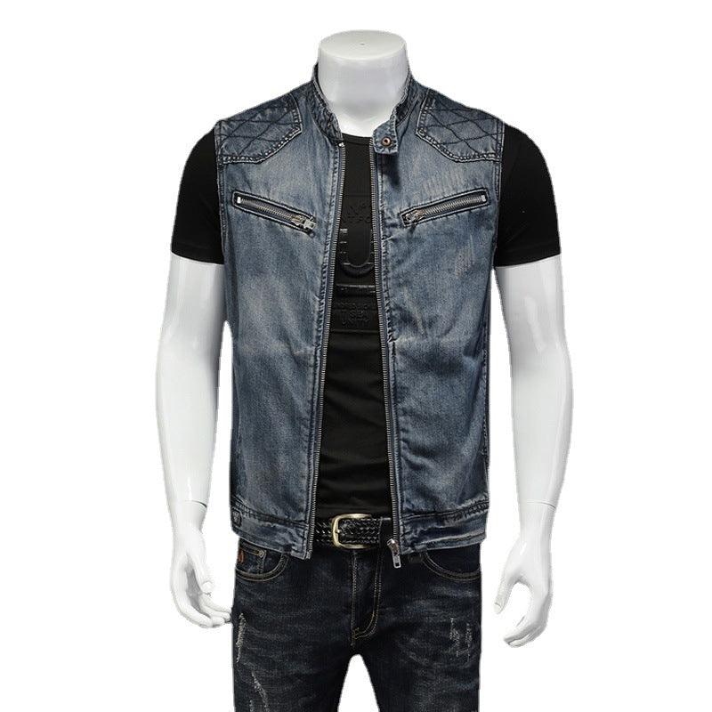 European and American men waistcoat denim vest youth casual stand-up collar vest - melvincucci